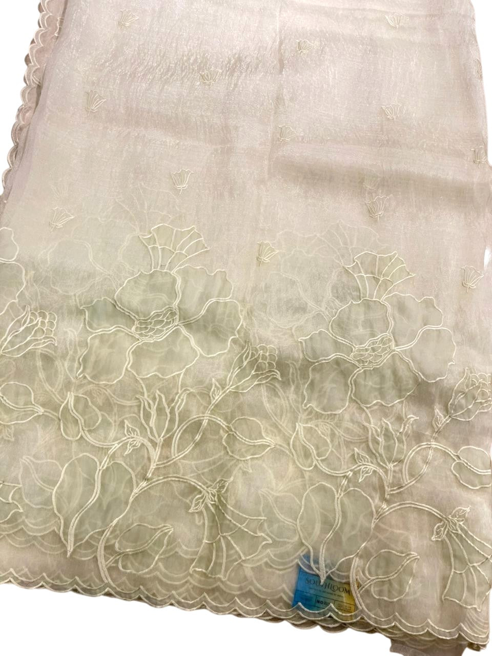 Southloom Turkish Organza Saree With Floral Design in Pastel Green With Scalloped Border