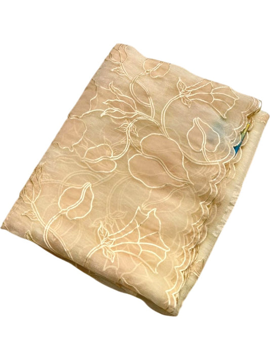 Southloom Turkish Organza Saree With Floral Design in Pastel Beige With Scalloped Border