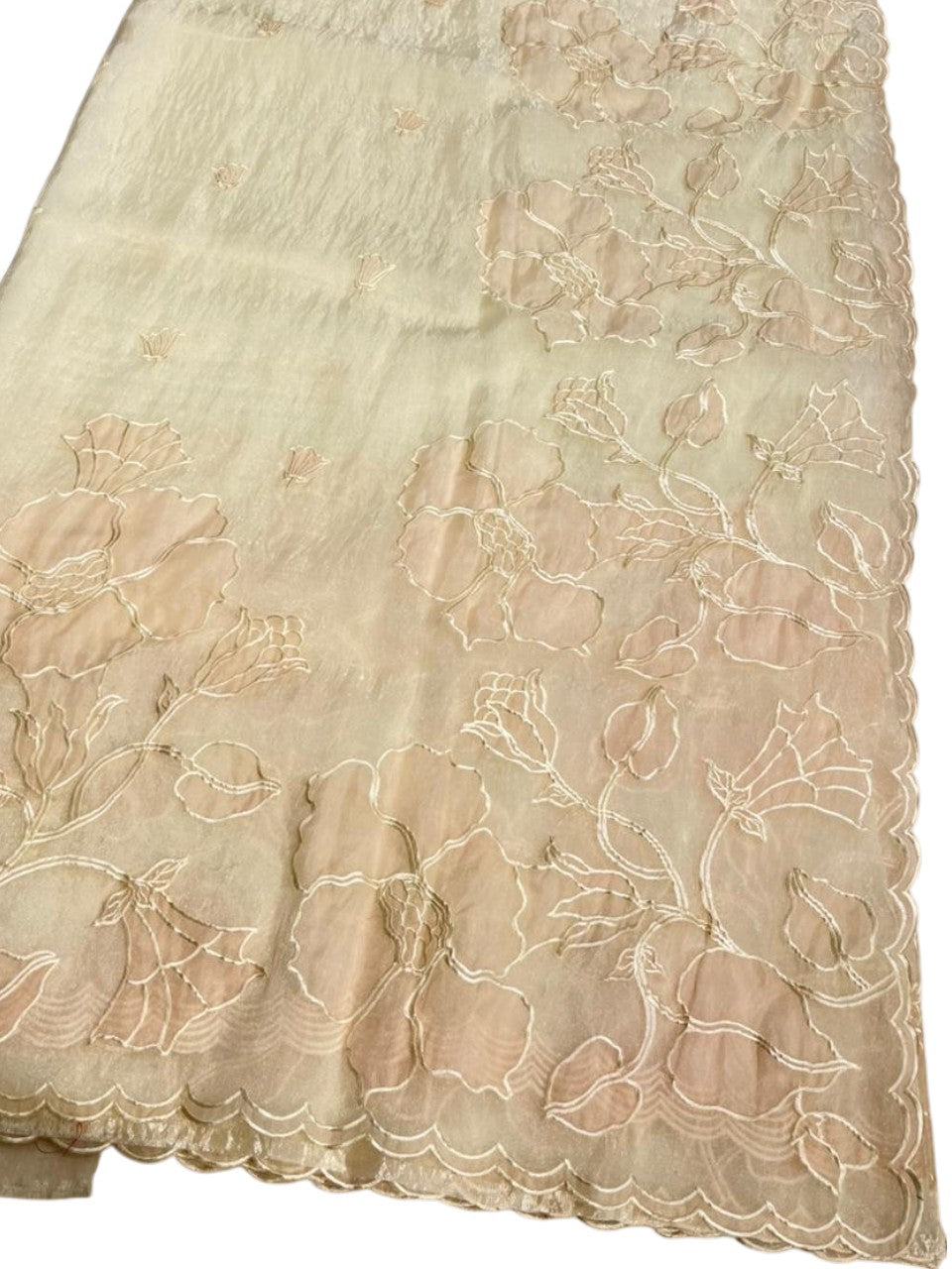 Southloom Turkish Organza Saree With Floral Design in Pastel Beige With Scalloped Border