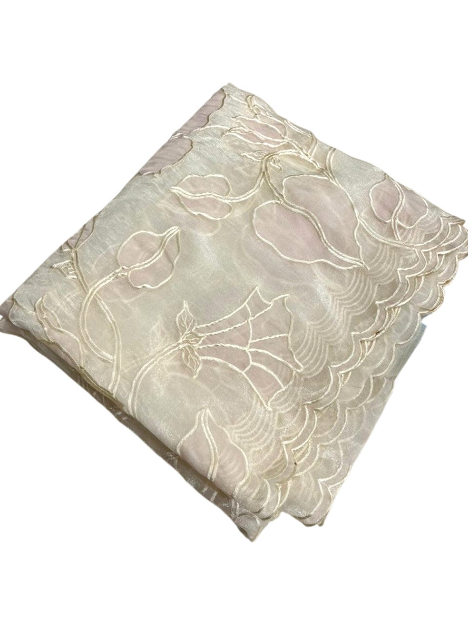 Southloom Turkish Organza Saree With Floral Design in Offwhite With Scalloped Border
