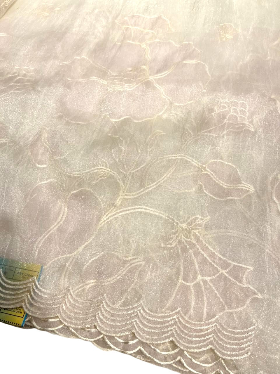 Southloom Turkish Organza Saree With Floral Design in Offwhite With Scalloped Border