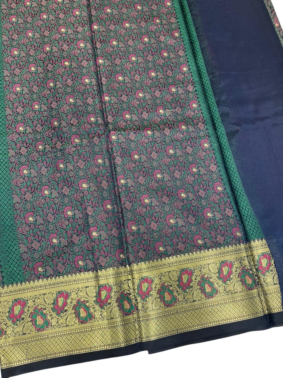 Southloom Resham Work Soft Cotton Banarasi Saree with Woven Work on Body and Borders (Blue)