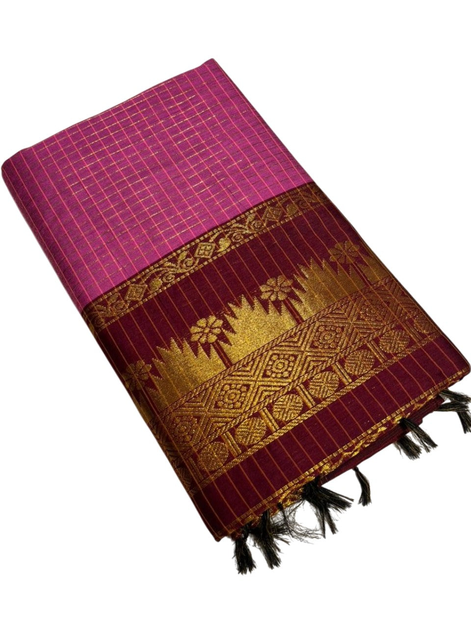 Southloom Kalyani Cotton check Saree In Onion Pink And Maroon With Woven Work on the Body and Borders