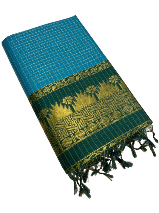 Southloom Kalyani Cotton check Saree In Blue And Green With Woven Work on the Body and Borders