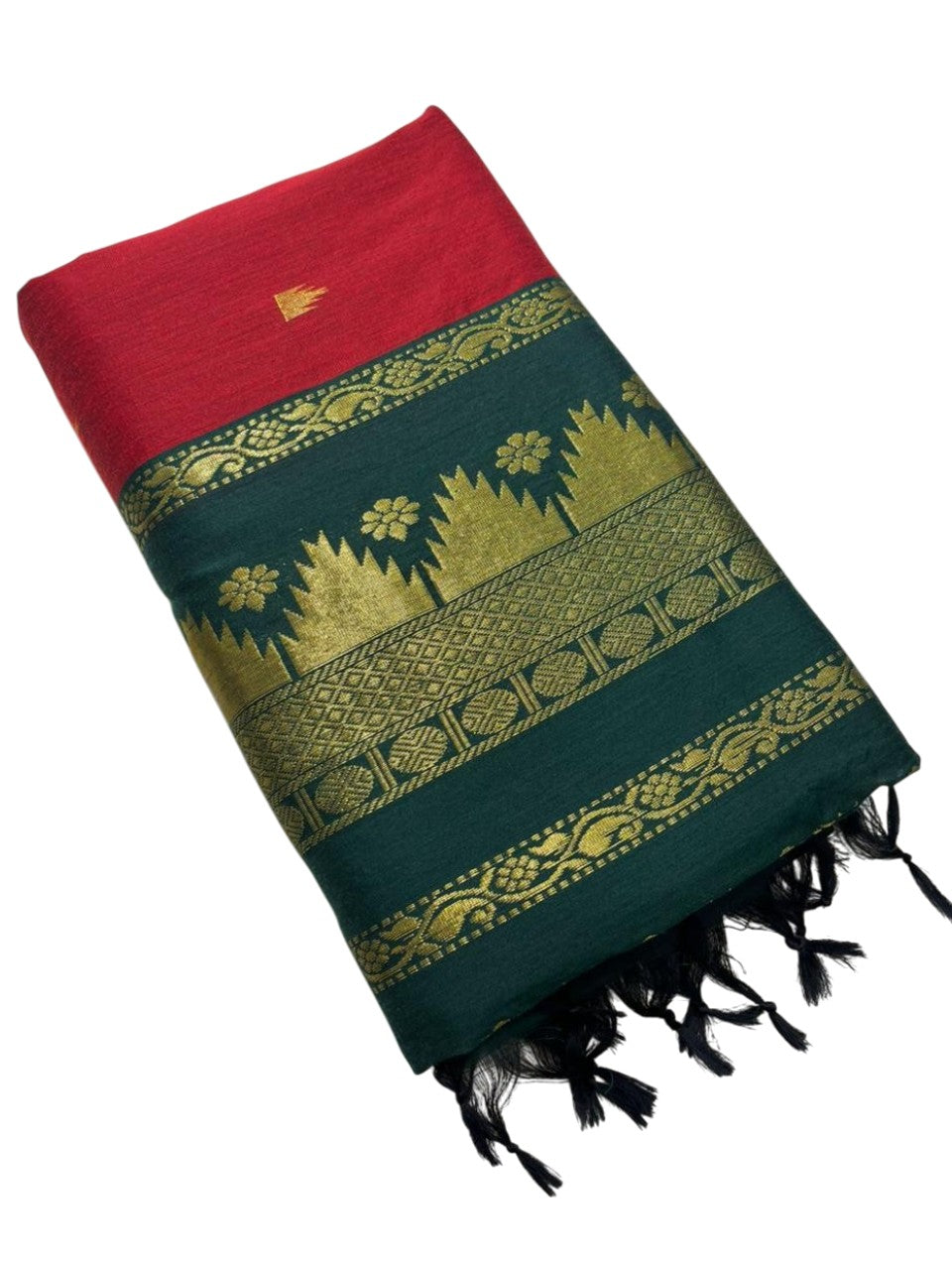 Southloom Kalyani Cotton Saree In Red And Green With Woven Work on the Body and Borders