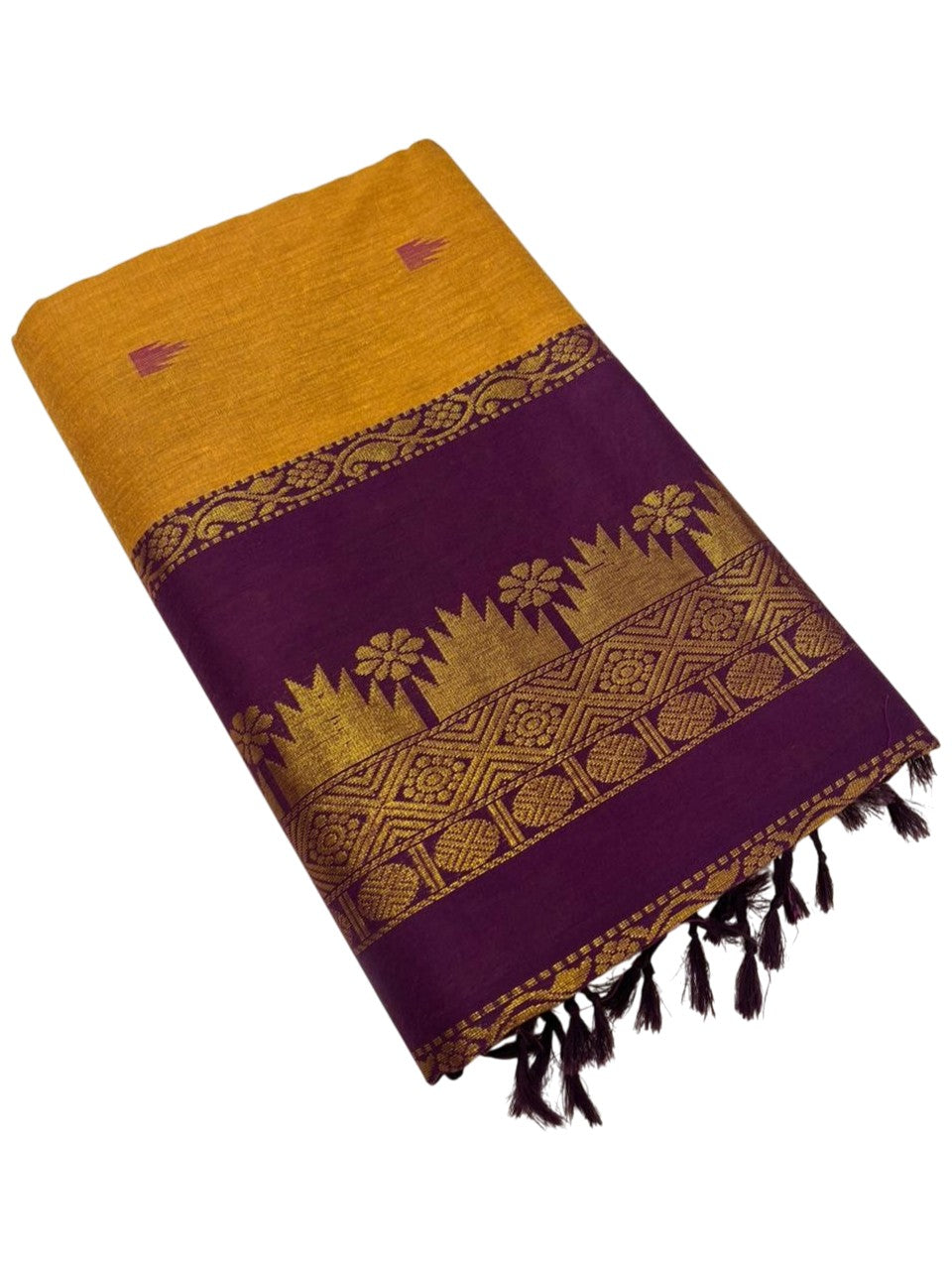 Southloom Kalyani Cotton Saree In Mustard Yellow And Purple With Woven Work on the Body and Borders