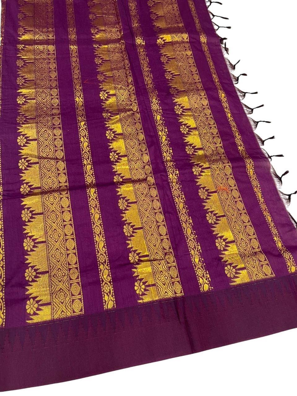 Southloom Kalyani Cotton Saree In Mustard Yellow And Purple With Woven Work on the Body and Borders