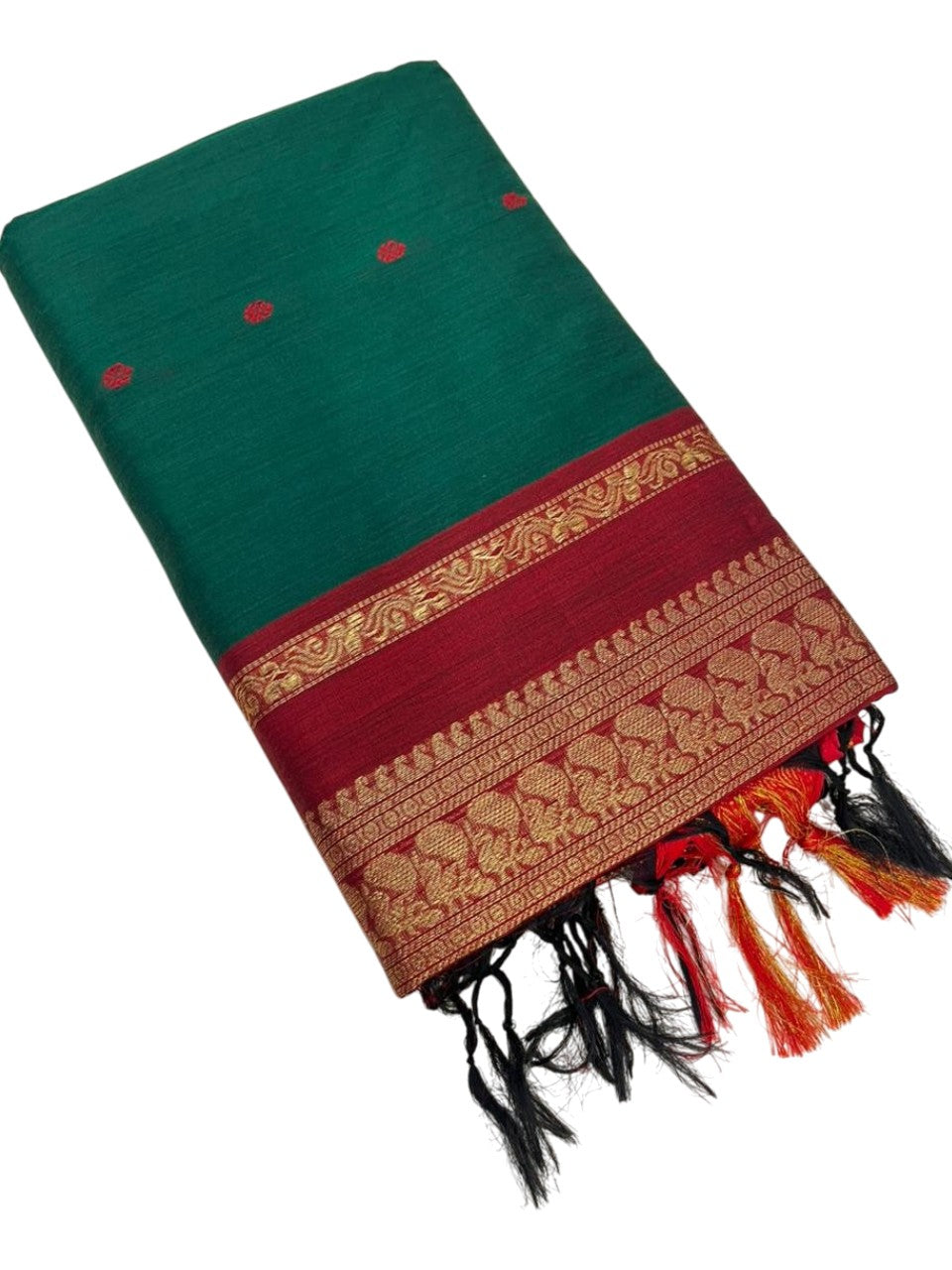 Southloom Kalyani Cotton Saree In Green And Maroon With Woven Work on the Body and Borders