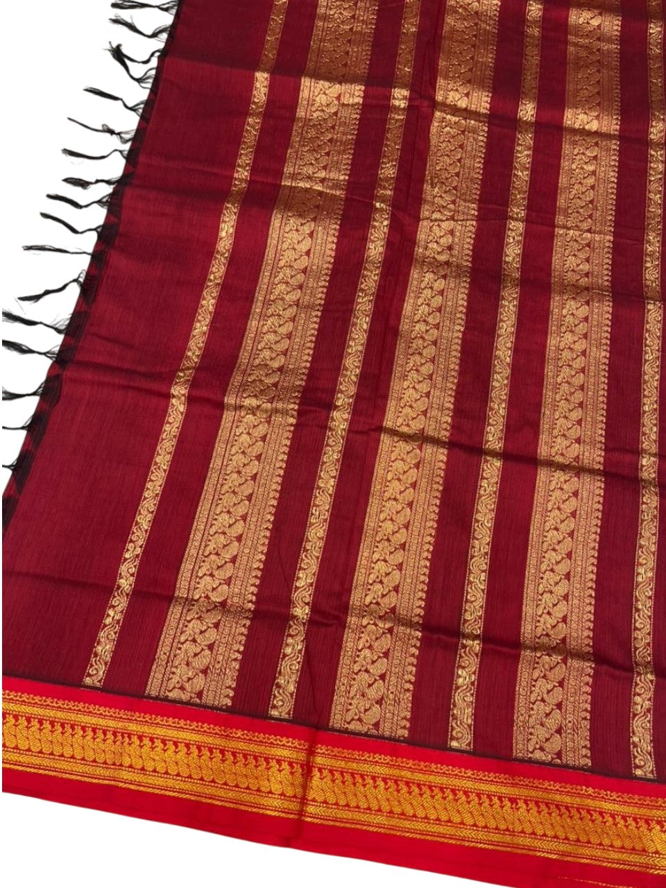 Southloom Kalyani Cotton Saree In Green And Maroon With Woven Work on the Body and Borders