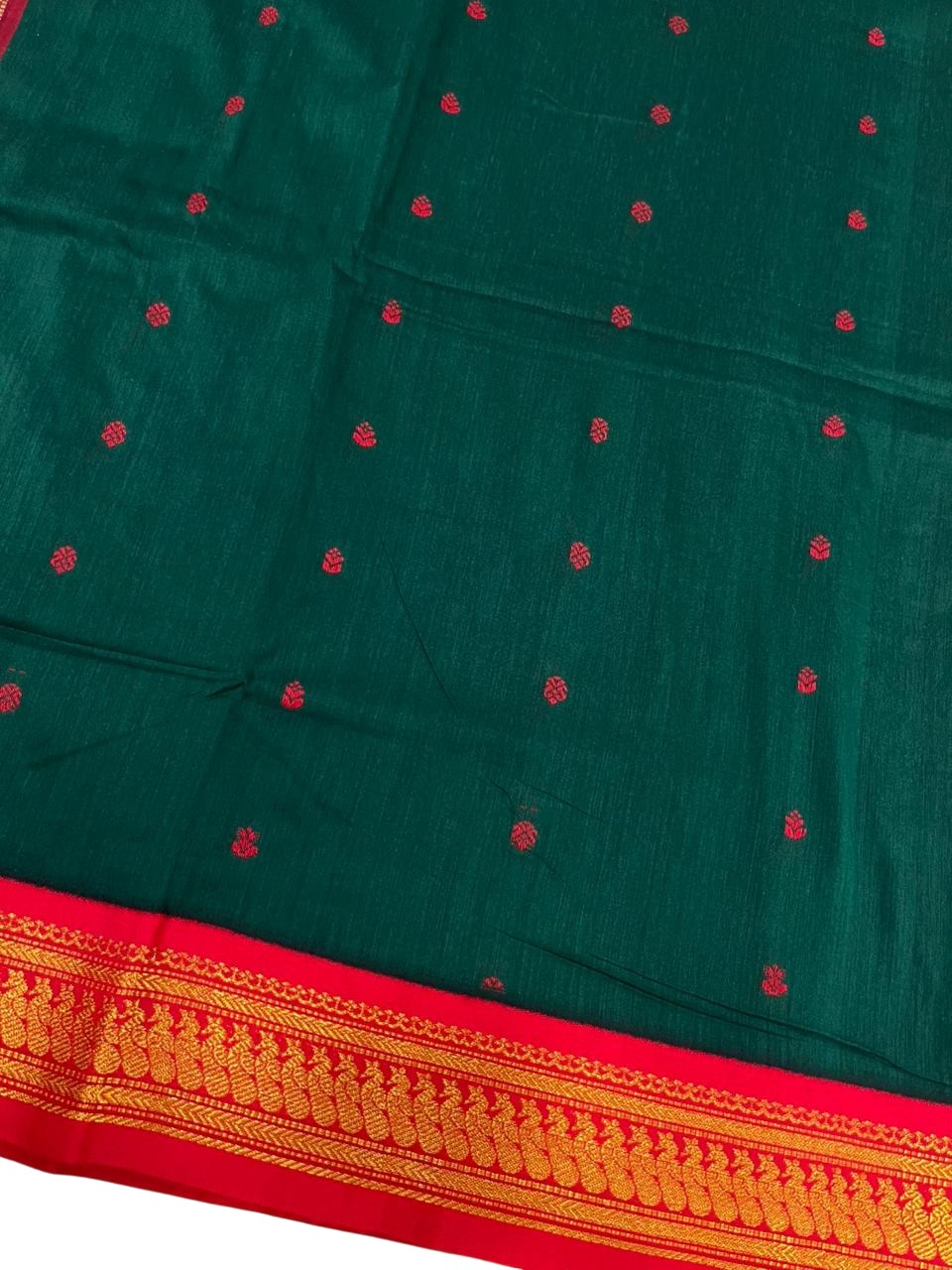 Southloom Kalyani Cotton Saree In Green And Maroon With Woven Work on the Body and Borders