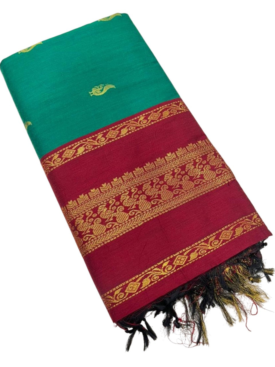 Southloom Kalyani Cotton Saree In Green And Maroon With Woven Work on the Body and Borders