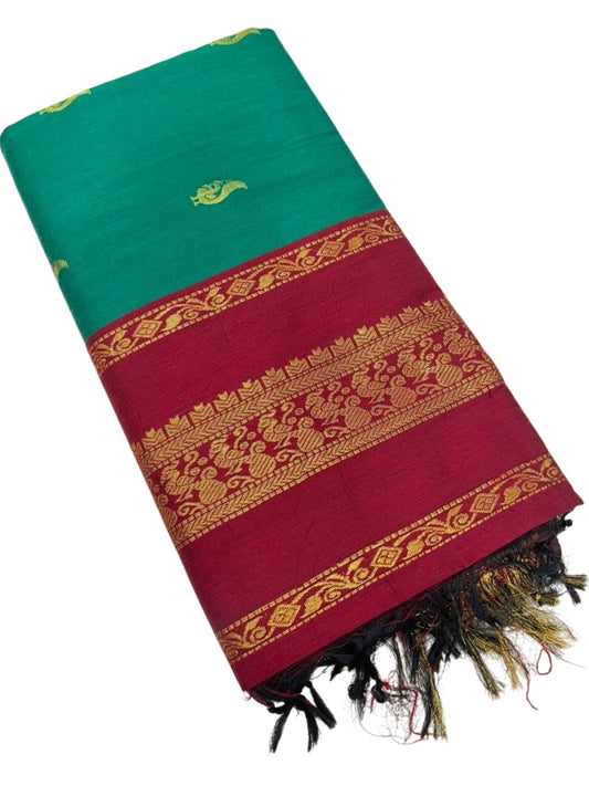 Southloom Kalyani Cotton Saree In Green And Maroon With Woven Work on the Body and Borders