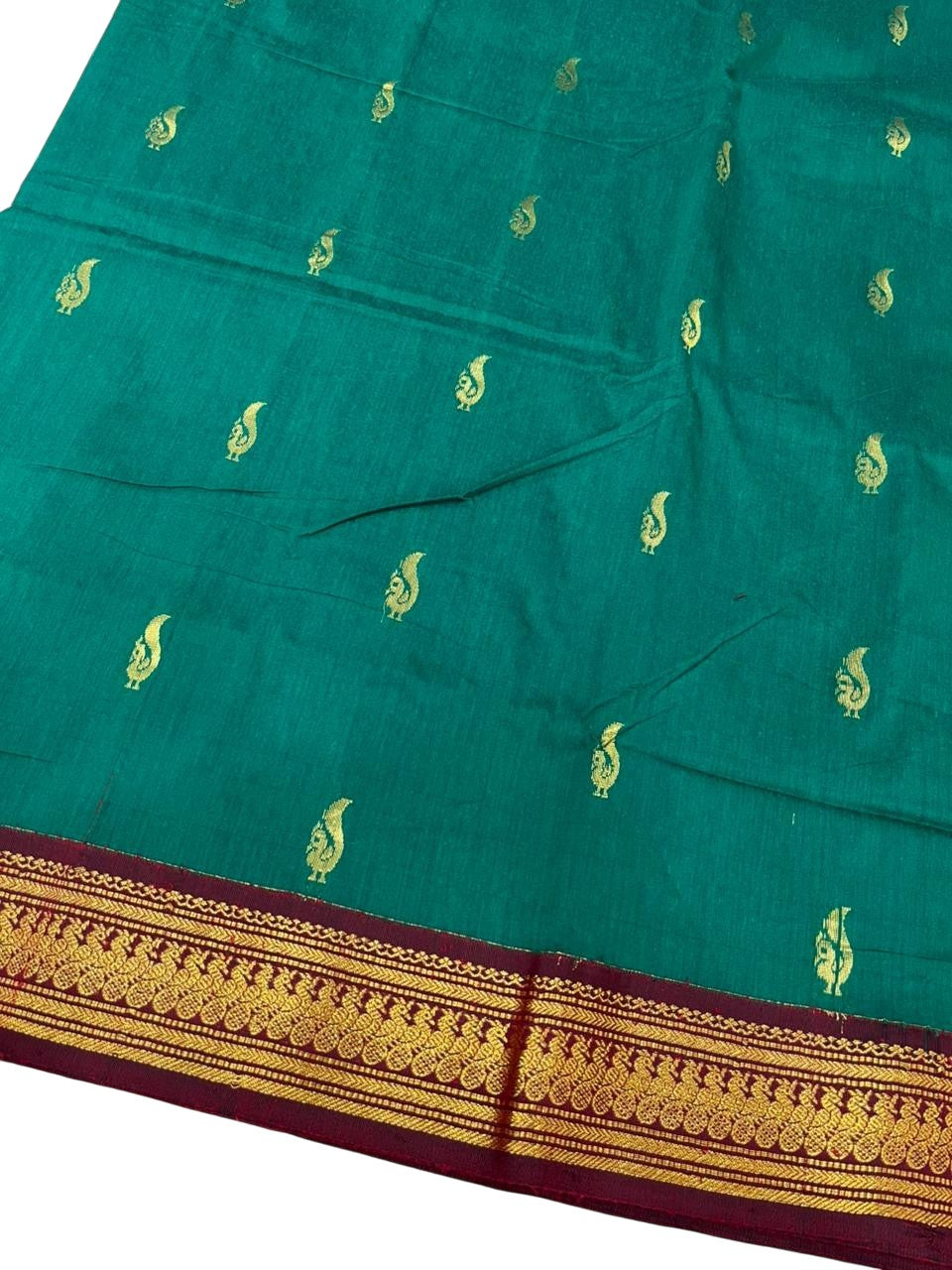 Southloom Kalyani Cotton Saree In Green And Maroon With Woven Work on the Body and Borders