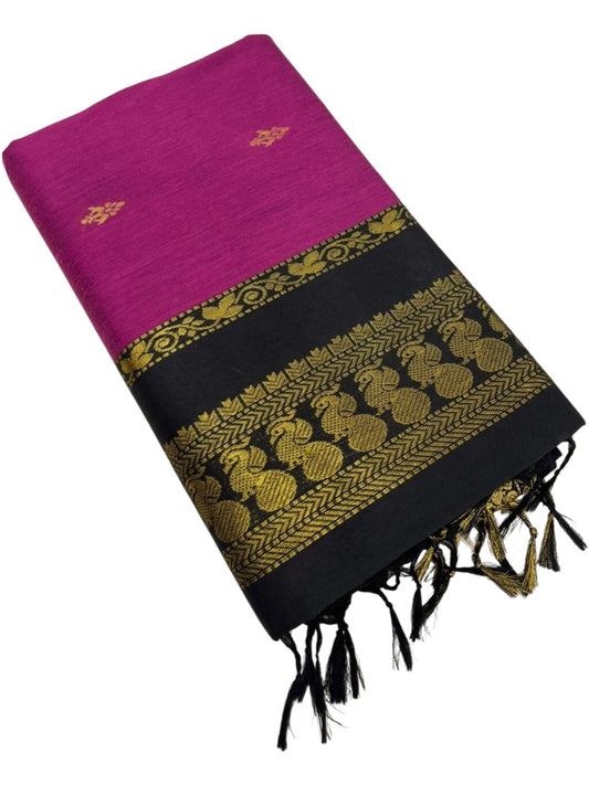 Southloom Kalyani Cotton Saree In Magenta And Black With Woven Work on the Body and Borders