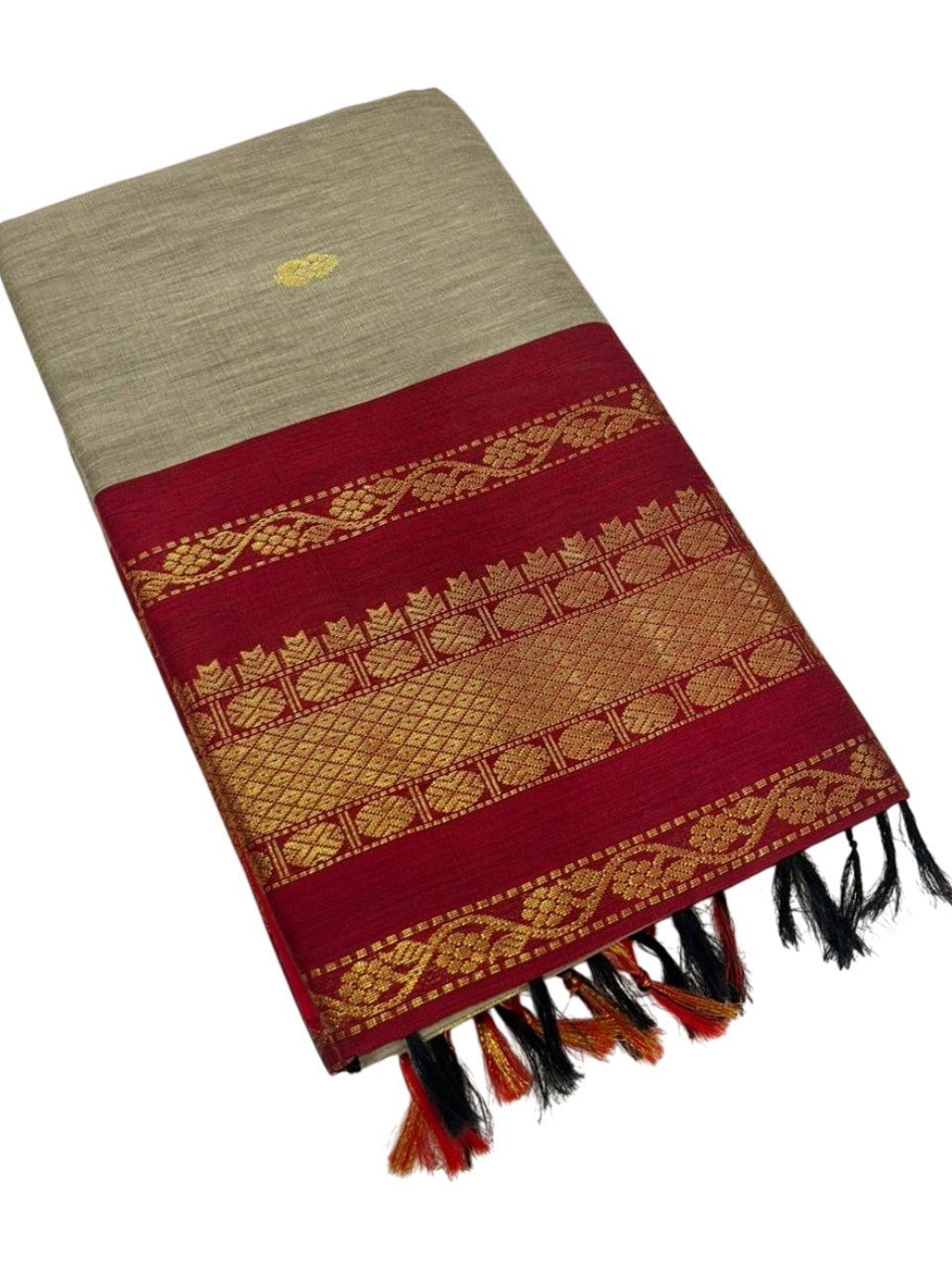 Southloom Kalyani Cotton Saree In Grey And Maroon With Woven Work on the Body and Borders