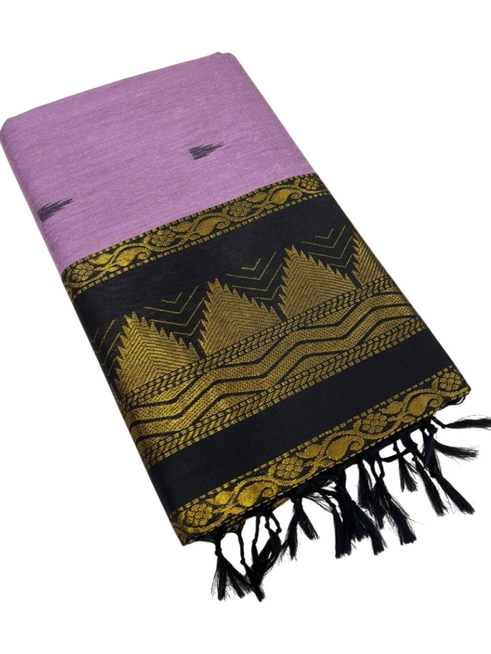 Southloom Kalyani Cotton Saree In lavender And Black With Woven Work on the Body and Borders