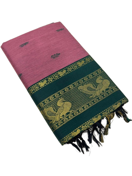Southloom Kalyani Cotton Saree In Onion Pink And Green With Woven Work on the Body and Borders