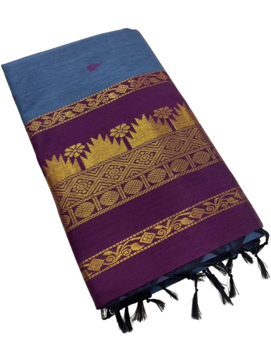 Southloom Kalyani Cotton Saree In Grey And Purple With Woven Work on the Body and Borders