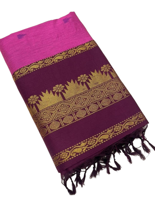 Southloom Kalyani Cotton Saree In Magenta And Purple With Woven Work on the Body and Borders