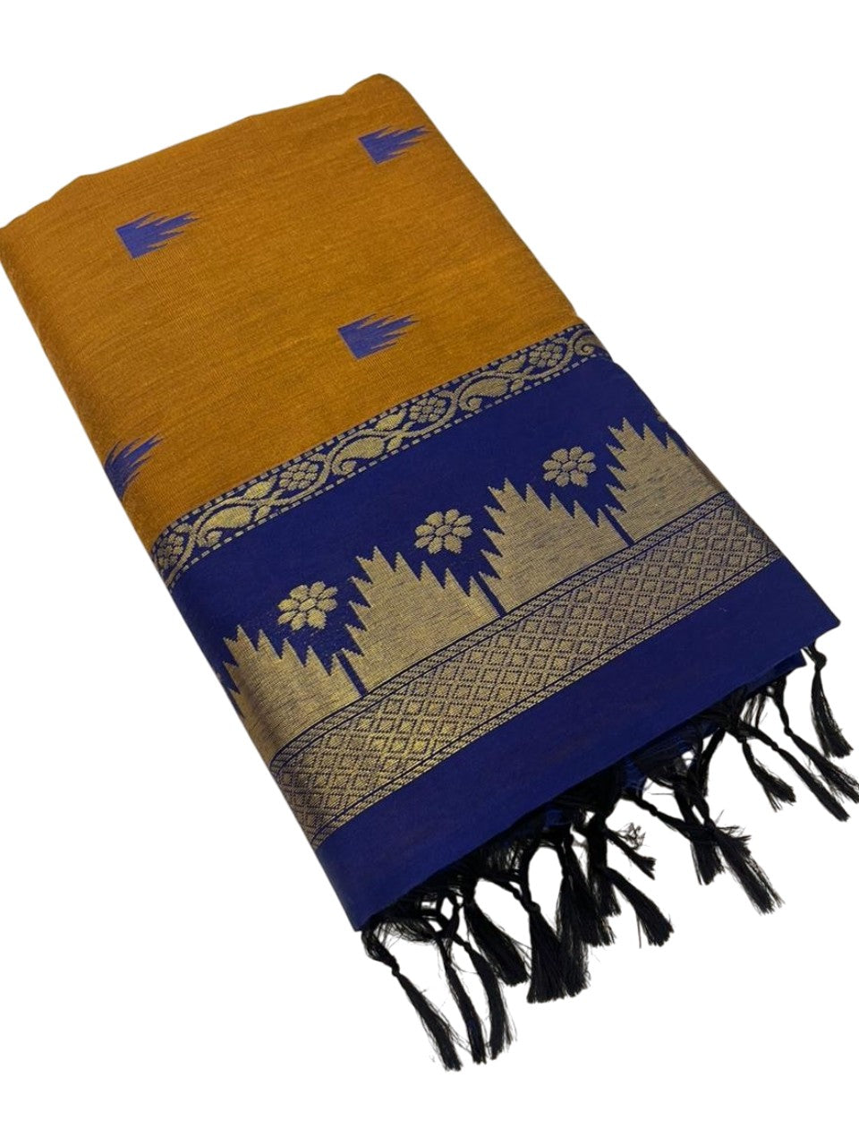 Southloom Kalyani Cotton Saree In Mustard Yellow And Blue With Woven Work on the Body and Borders