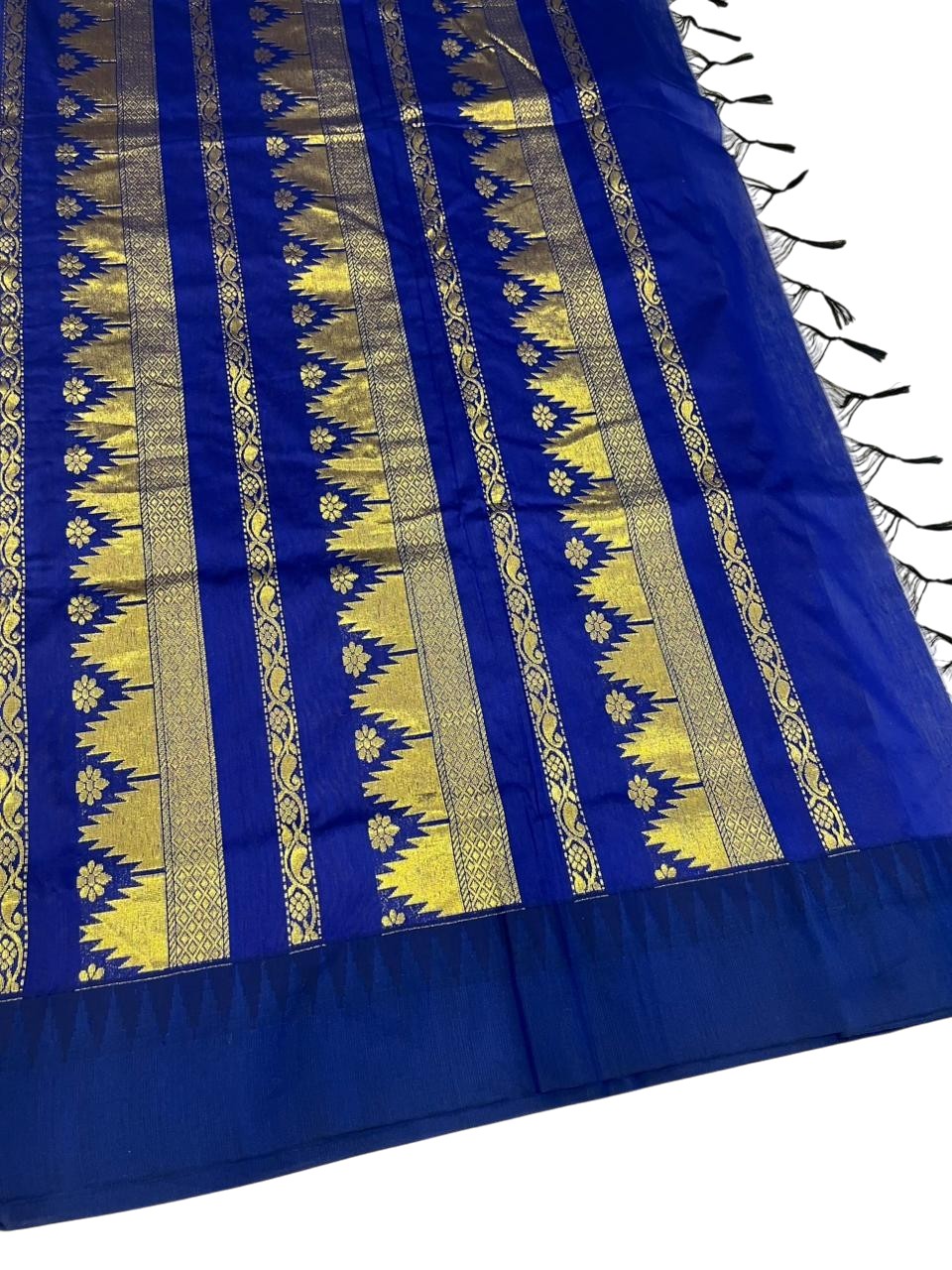 Southloom Kalyani Cotton Saree In Mustard Yellow And Blue With Woven Work on the Body and Borders