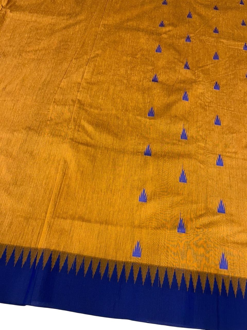 Southloom Kalyani Cotton Saree In Mustard Yellow And Blue With Woven Work on the Body and Borders