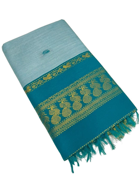 Southloom Kalyani Cotton Saree In Turquoise With Woven Work on the Body and Borders