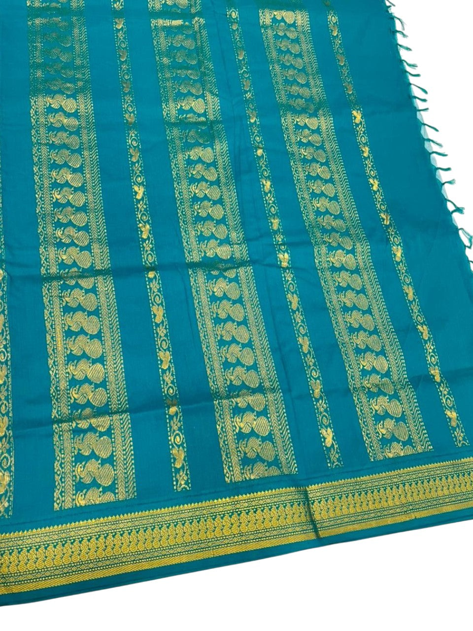 Southloom Kalyani Cotton Saree In Turquoise With Woven Work on the Body and Borders