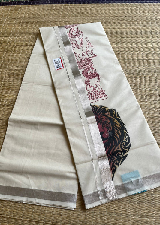 Lion Handpainted Cotton Mundu SL330