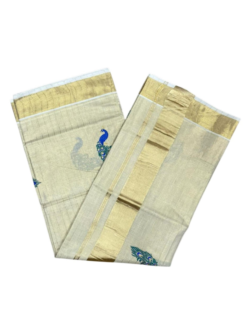 Southloom Kerala Tissue Kasavu Saree with Peacock Embroidery Works SL326