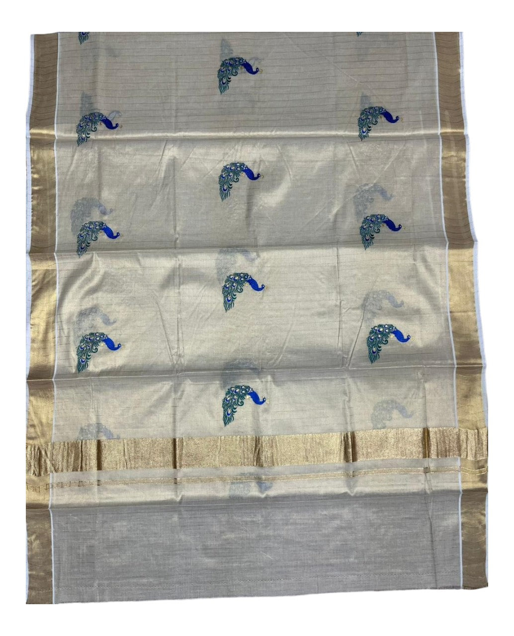 Southloom Kerala Tissue Kasavu Saree with Peacock Embroidery Works SL326