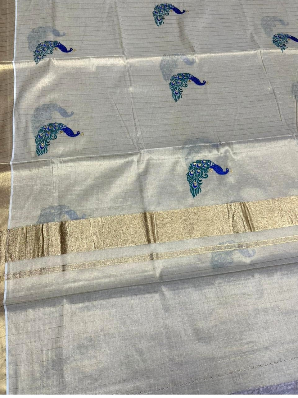 Southloom Kerala Tissue Kasavu Saree with Peacock Embroidery Works SL326