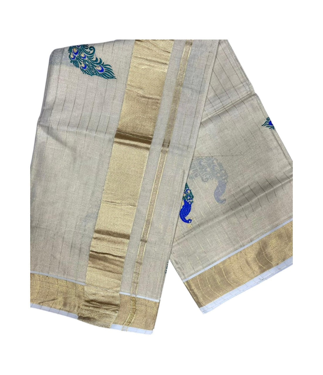 Southloom Kerala Tissue Kasavu Saree with Peacock Embroidery Works SL326