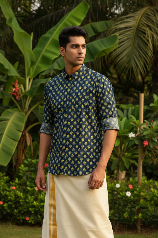Southloom Jaipur Pure Cotton Block Printed Shirt for Men in Full Sleeve