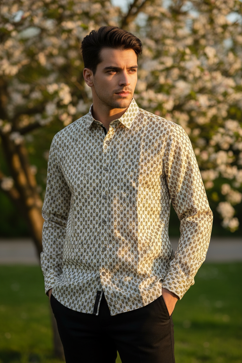 Southloom Jaipur Pure Cotton Block Printed Shirt for Men in Full Sleeve