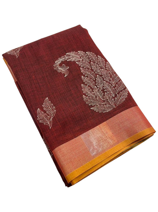 Southloom Kerala Linen Cotton Saree With Embroidery Work On the Body With Maroon And Blue