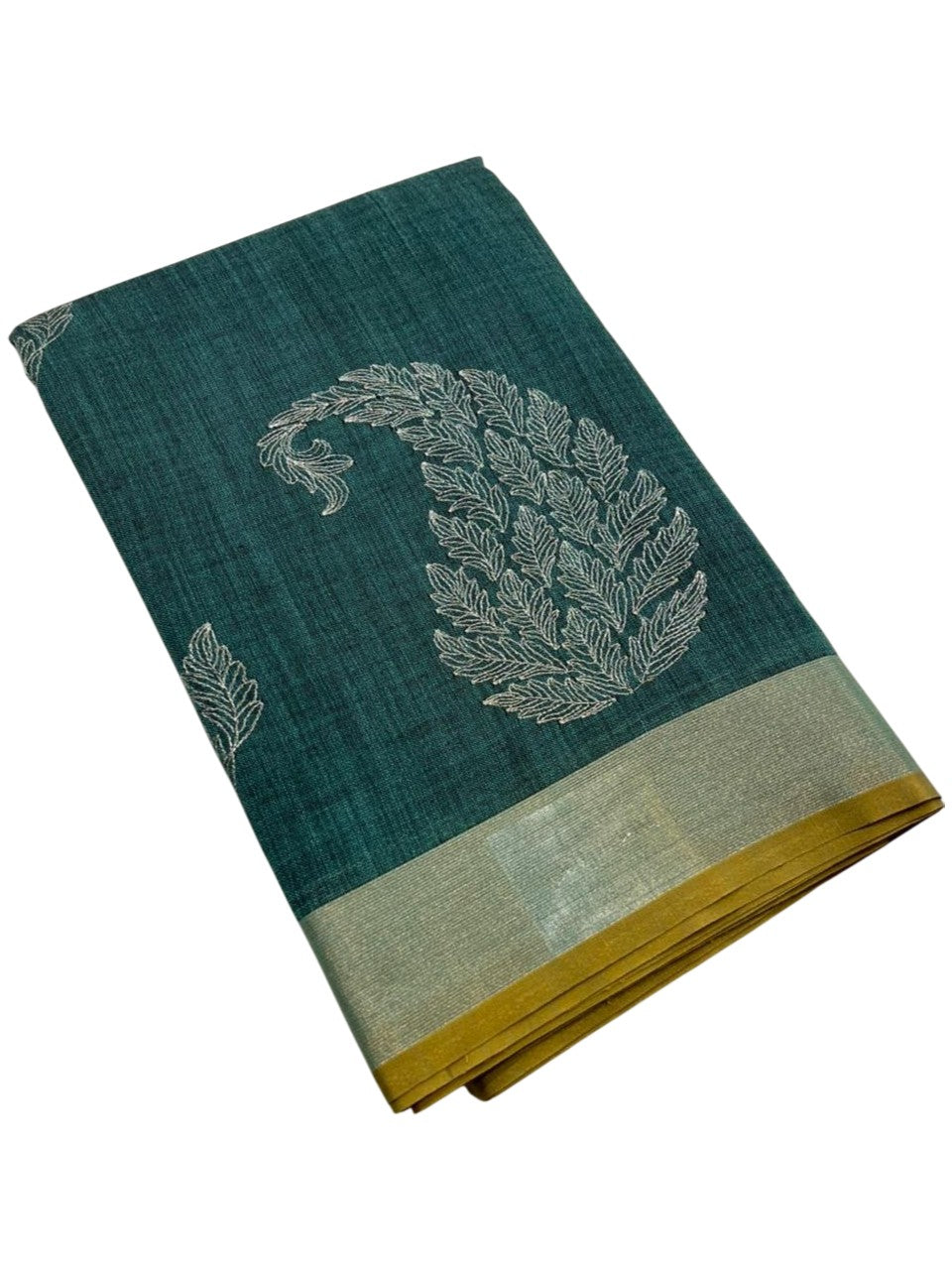 Southloom Kerala Linen Cotton Saree With Embroidery Work On the Body With Green And Brown