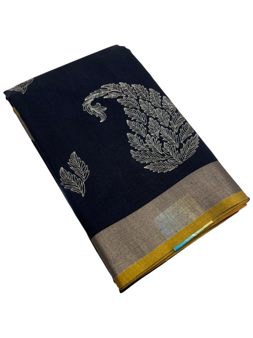 Southloom Kerala Linen Cotton Saree With Embroidery Work On the Body With Blue And Maroon