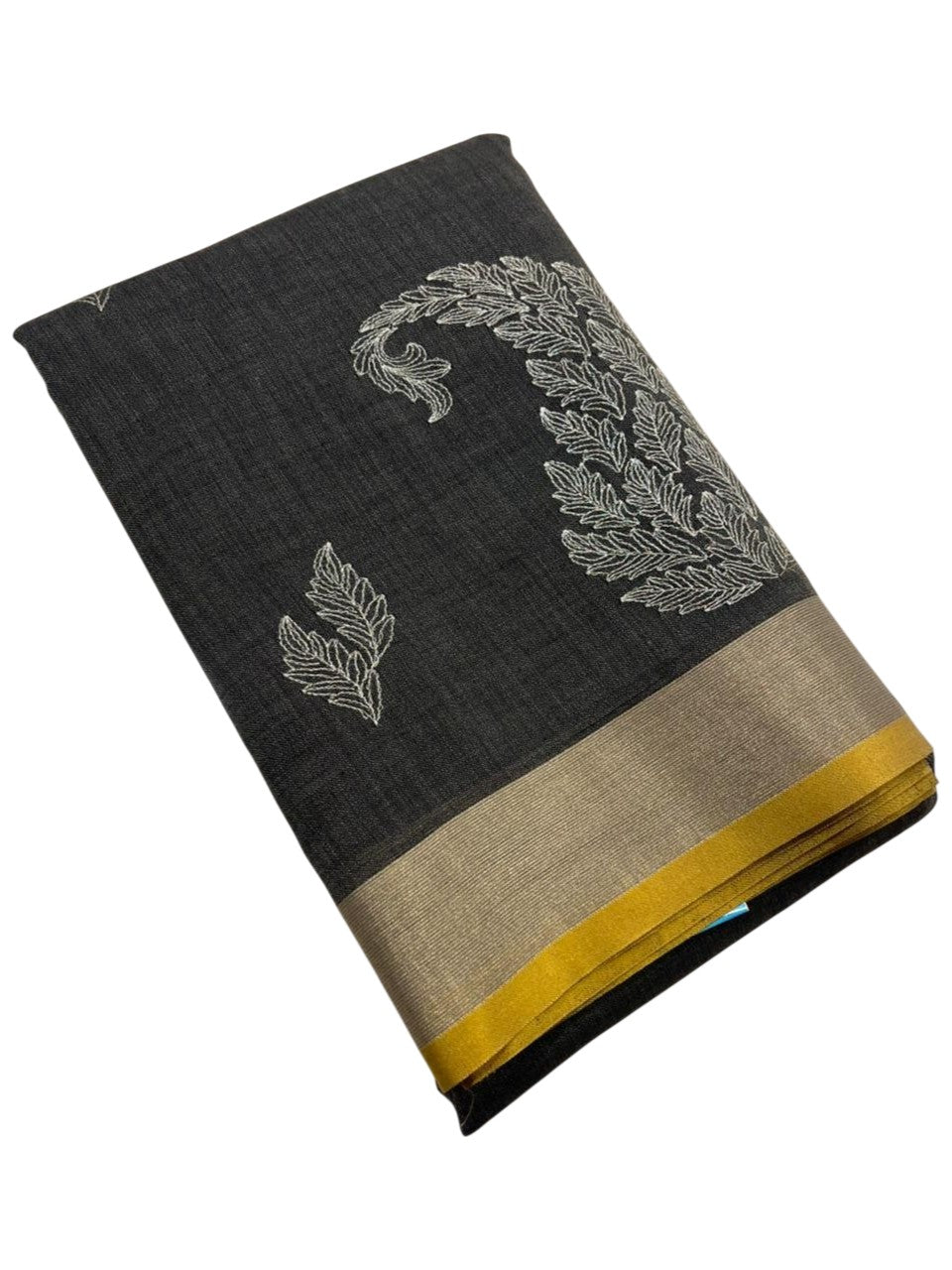 Southloom Kerala Linen Cotton Saree With Embroidery Work On the Body With Grey And Black