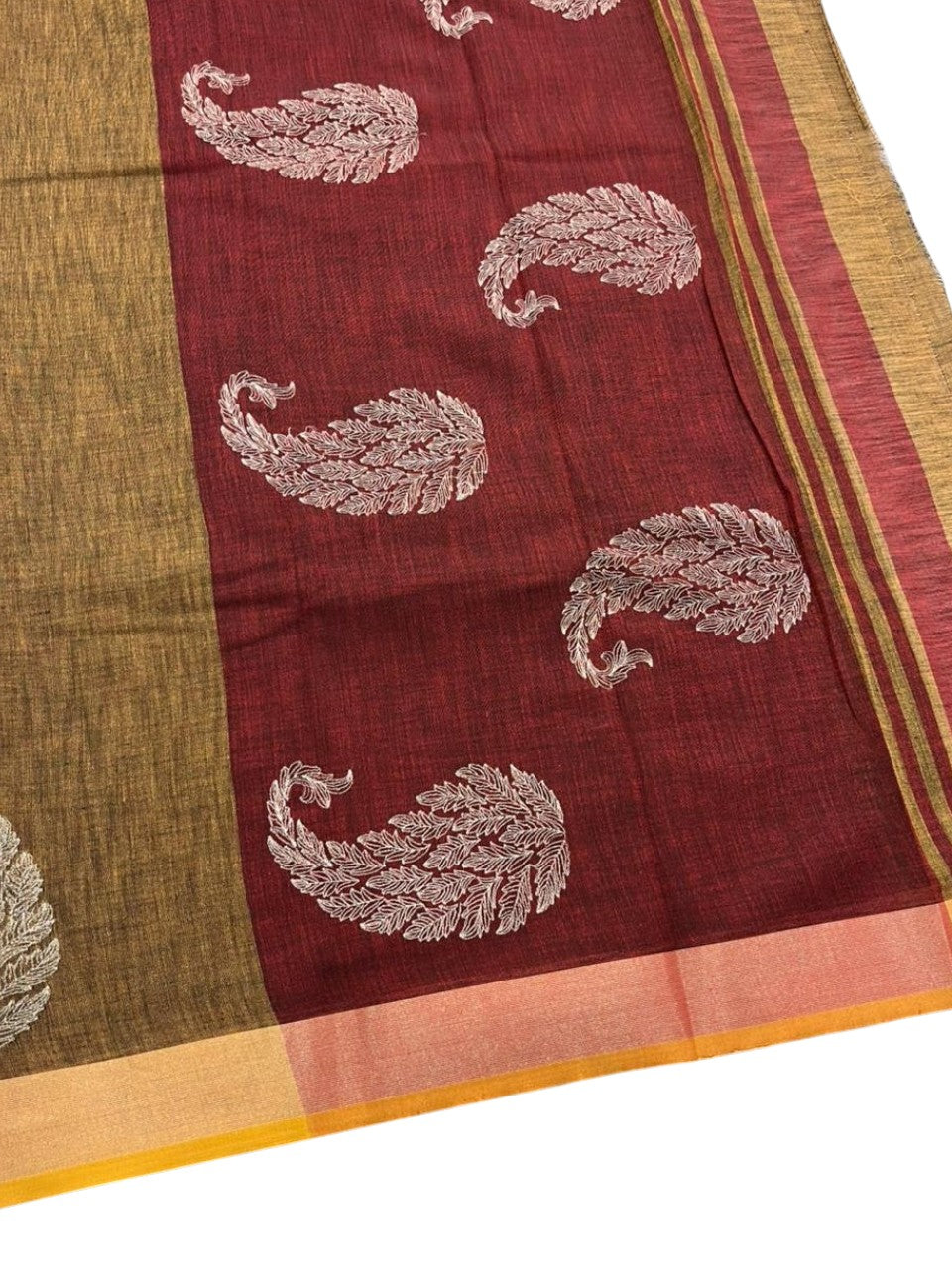 Southloom Kerala Linen Cotton Saree With Embroidery Work On the Body With Mustard Yellow And Maroon