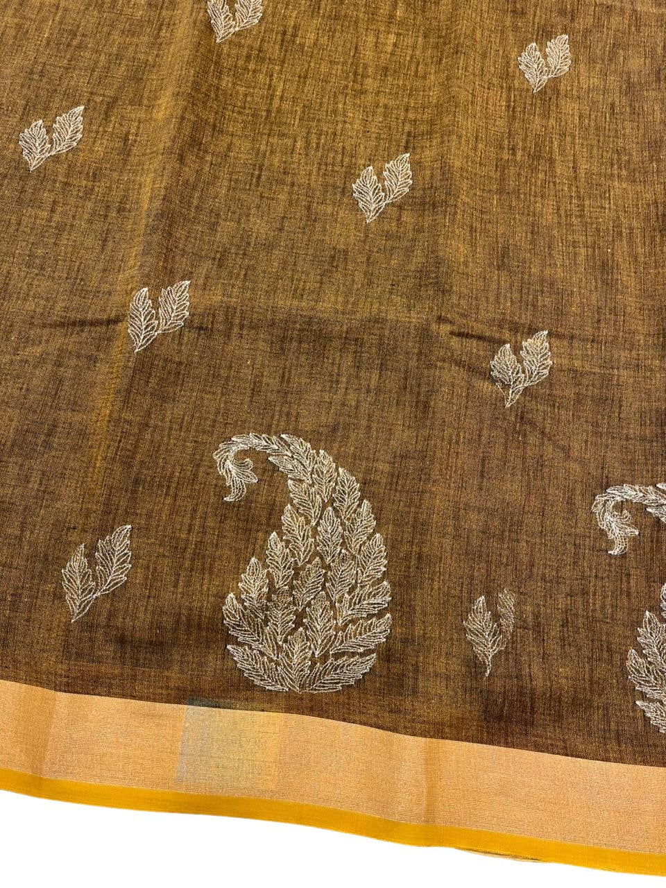 Southloom Kerala Linen Cotton Saree With Embroidery Work On the Body With Mustard Yellow And Maroon