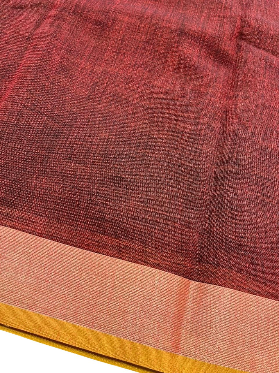 Southloom Kerala Linen Cotton Saree With Embroidery Work On the Body With Mustard Yellow And Maroon