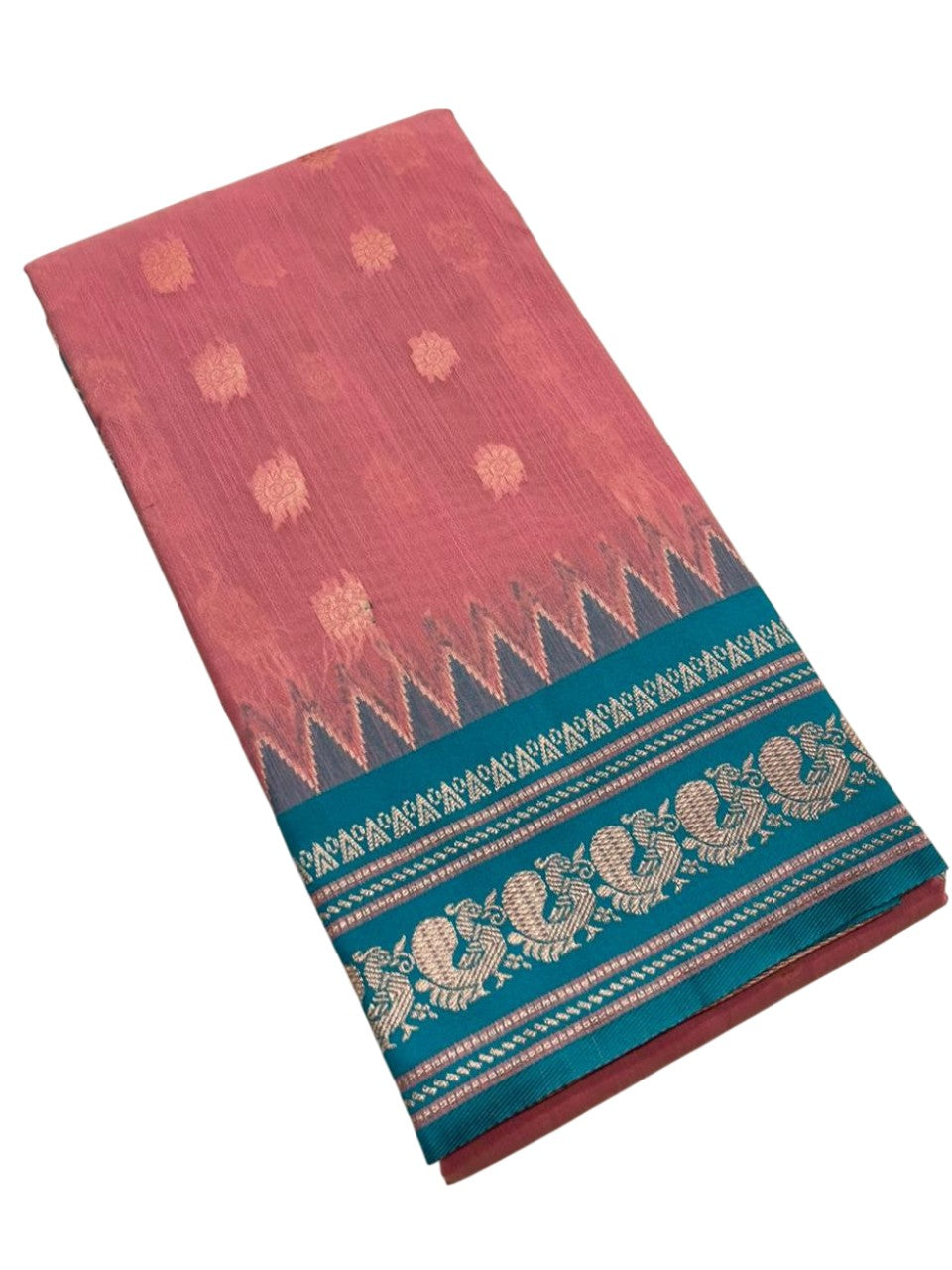 Southloom Kerala Cotton Silk With Woven Work On the Body With Pink And Turquoise Blue