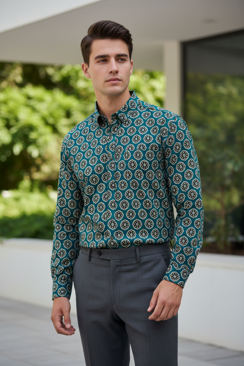 Southloom Jaipur Pure Cotton Block Printed Shirt for Men in Full Sleeve