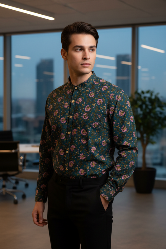 Southloom Jaipur Pure Cotton Block Printed Shirt for Men in Full Sleeve