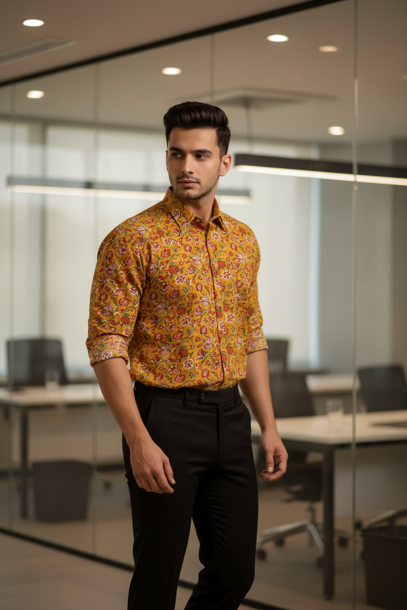 Southloom Jaipur Pure Cotton Block Printed Shirt for Men in Full Sleeve
