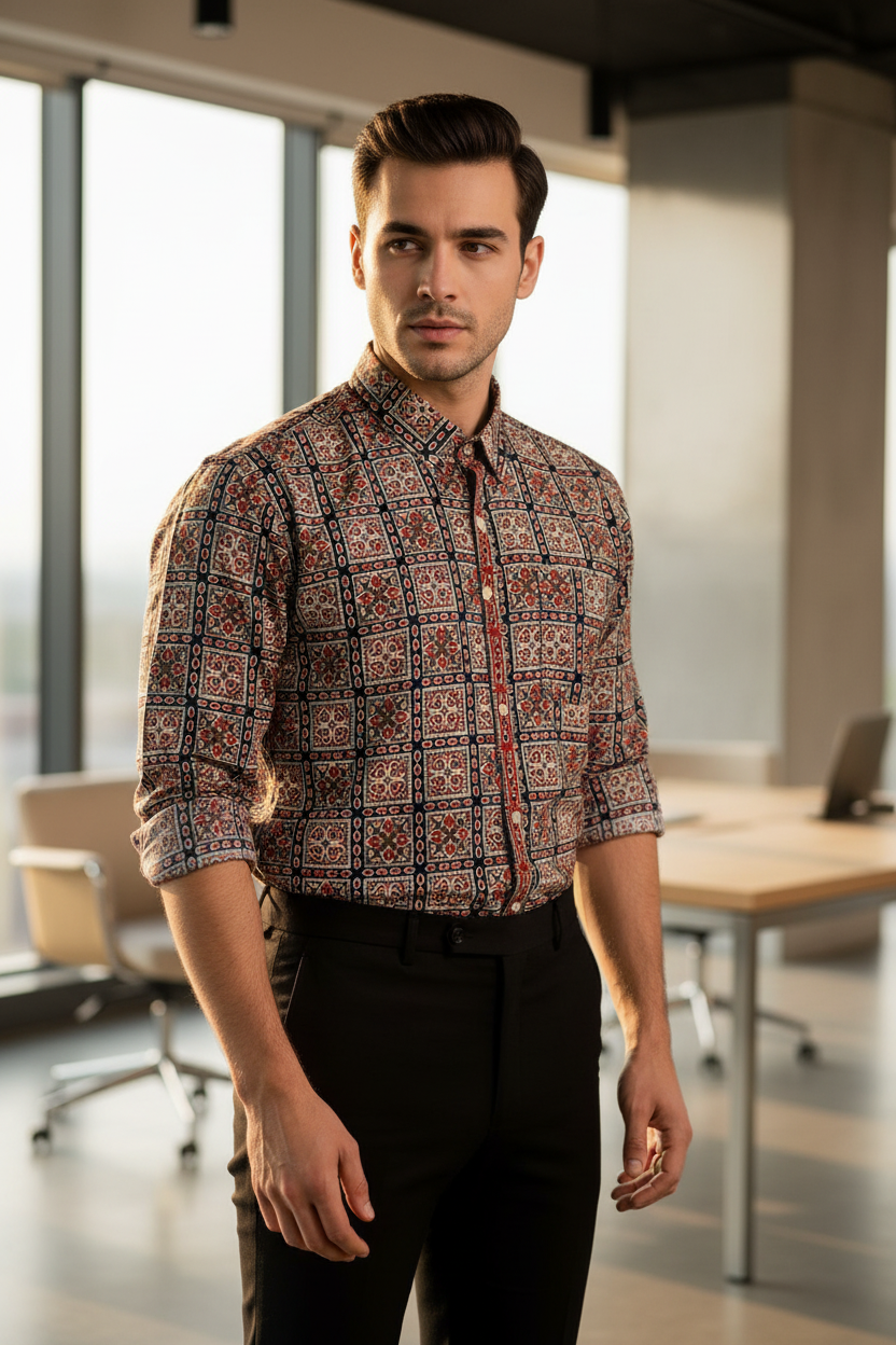 Southloom Jaipur Pure Cotton Block Printed Shirt for Men in Full Sleeve