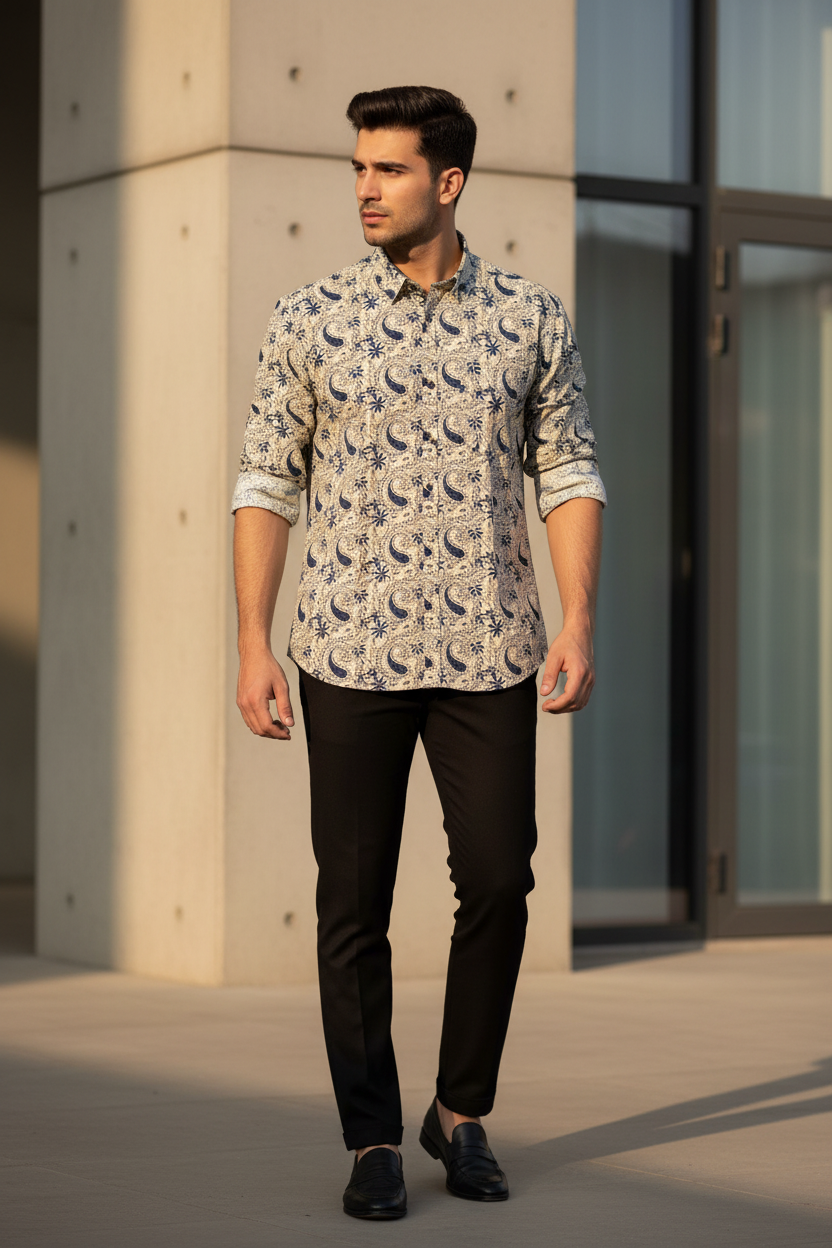 Southloom Jaipur Pure Cotton Block Printed Shirt for Men in Full Sleeve (Blue)