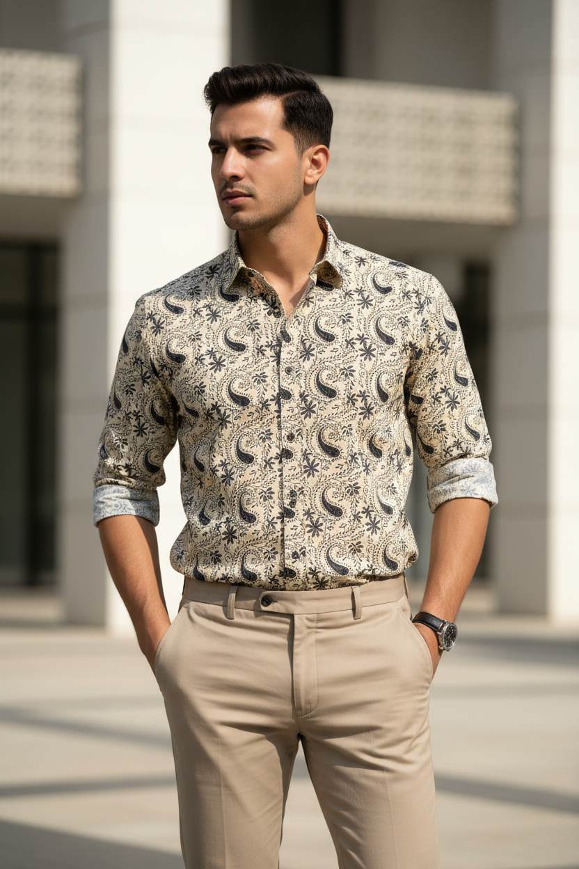 Southloom Jaipur Pure Cotton Block Printed Shirt for Men in Full Sleeve (Grey)