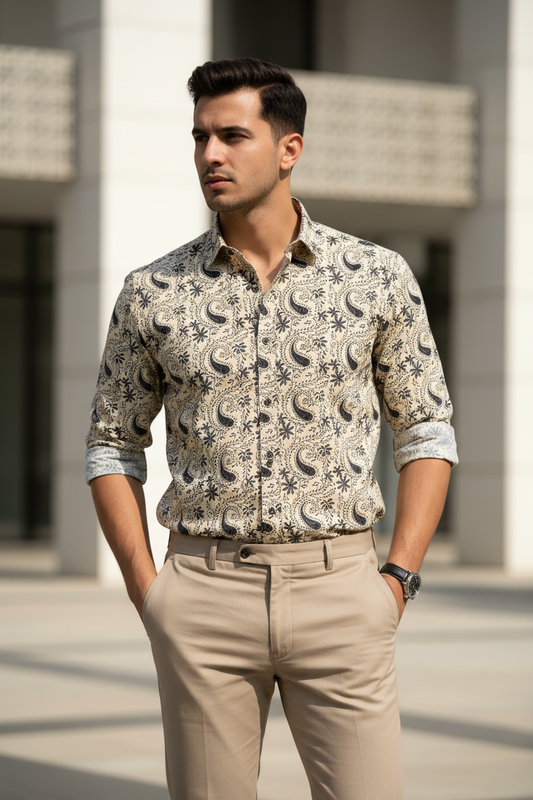Southloom Jaipur Pure Cotton Block Printed Shirt for Men in Full Sleeve (Grey)